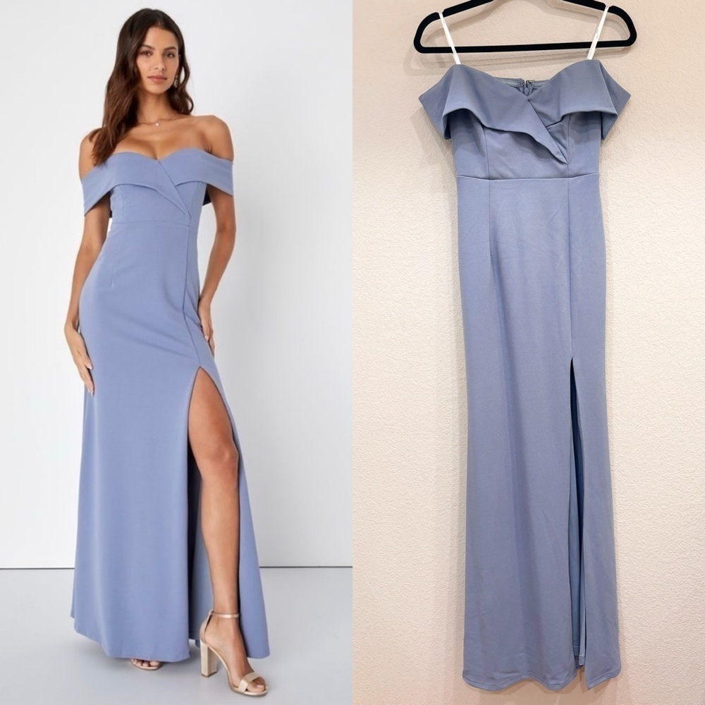 Sz XS - NWOT Lulus‎ Song of Love Blue Grey Off-the-Shoulder Maxi Dress
